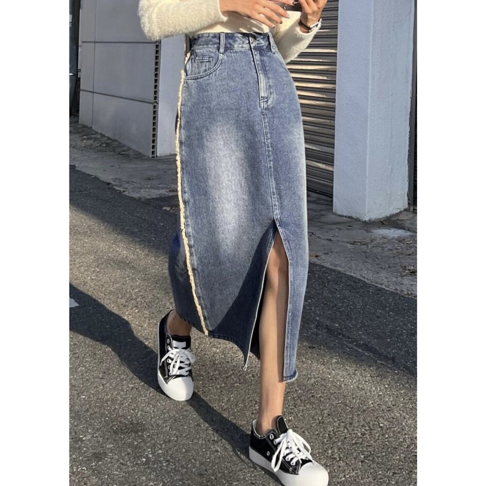 Dazy women front slit maxi denim skirt Size XL blue fringe